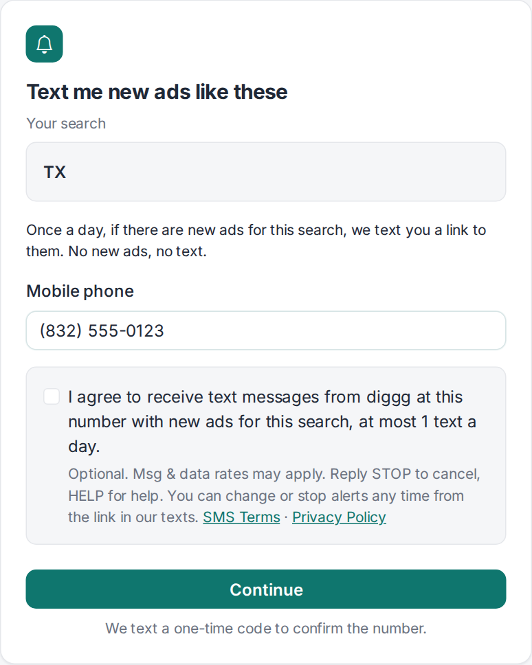 The text alerts form: mobile number and the unticked box