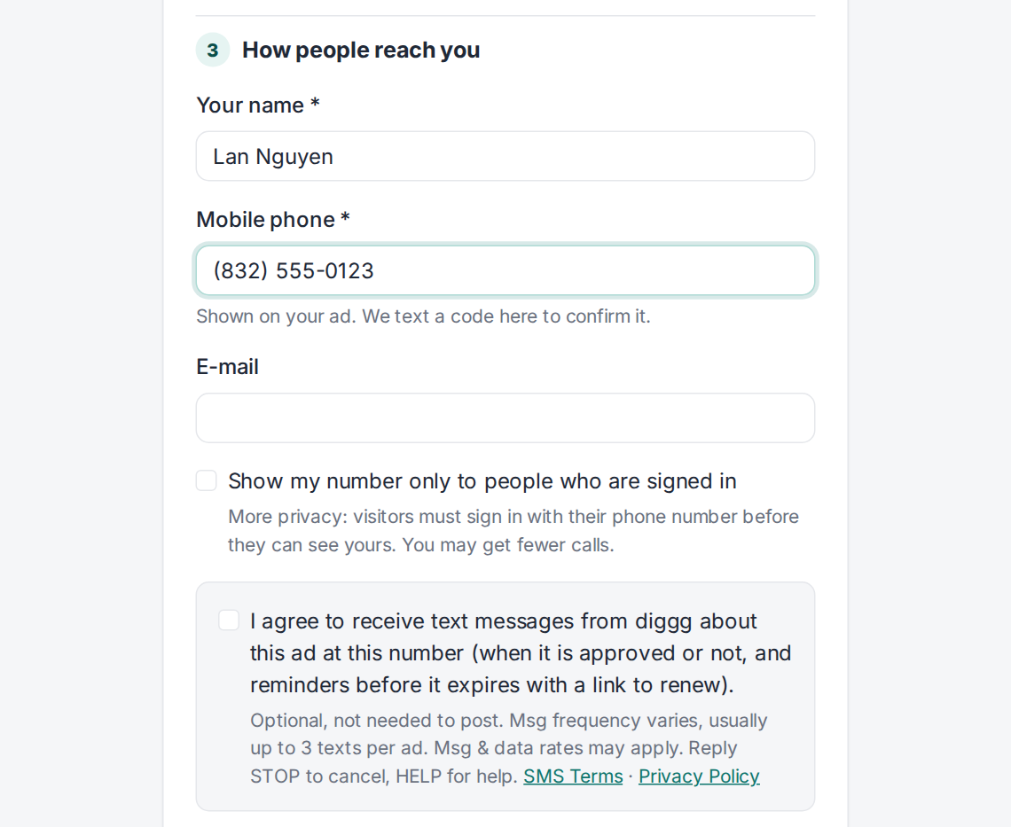 The ad form: mobile number and the unticked texts box